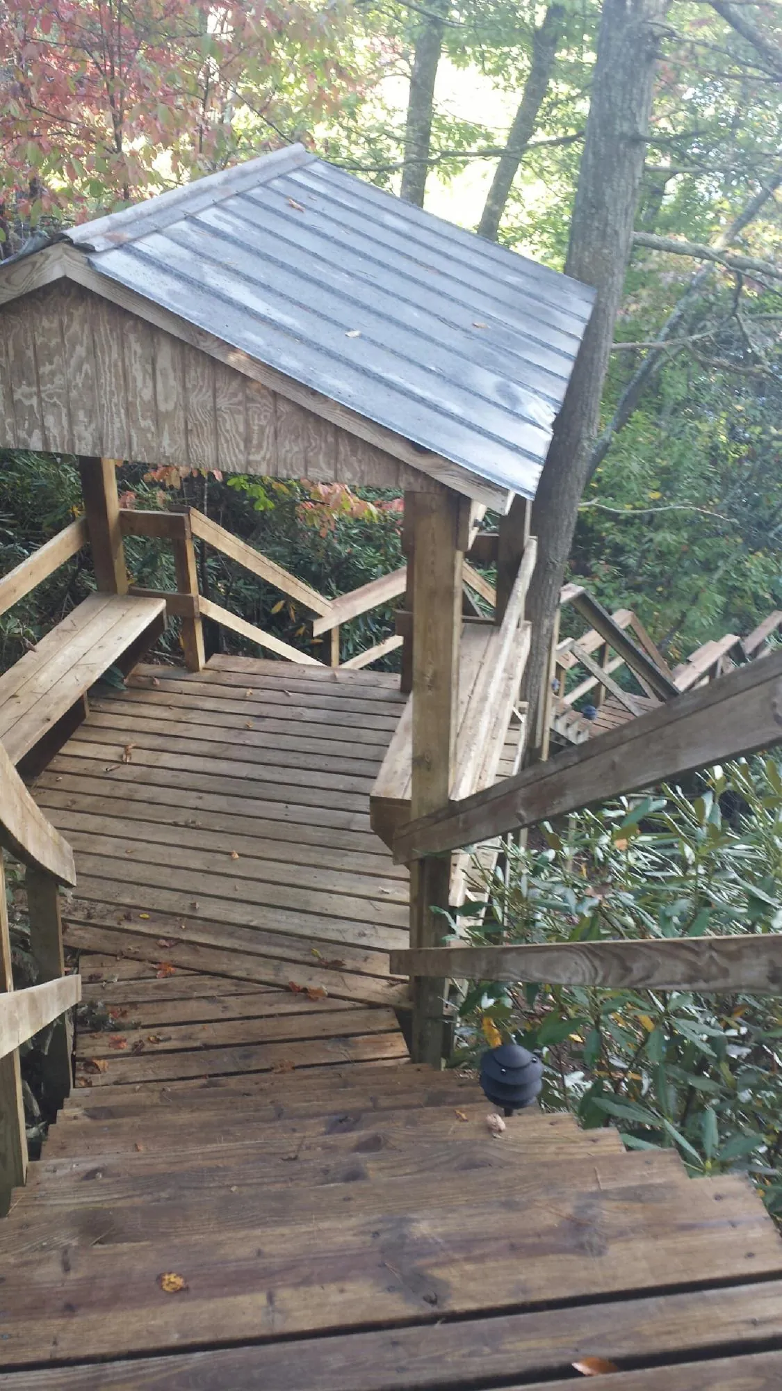 Metal roofed shelter over wooden steps on a wooded walkway — Skylight Repair & Installation work by our crew in Rapidan